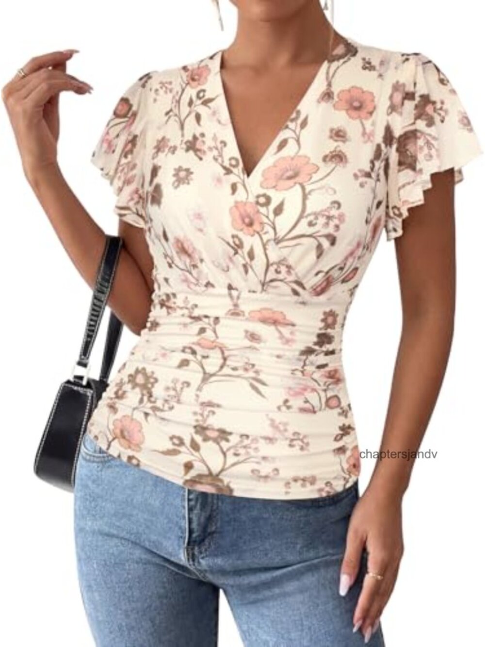 Womens Floral Mesh Peasant Blouse Wrap V Neck Ruffle Short Sleeve Stretchy